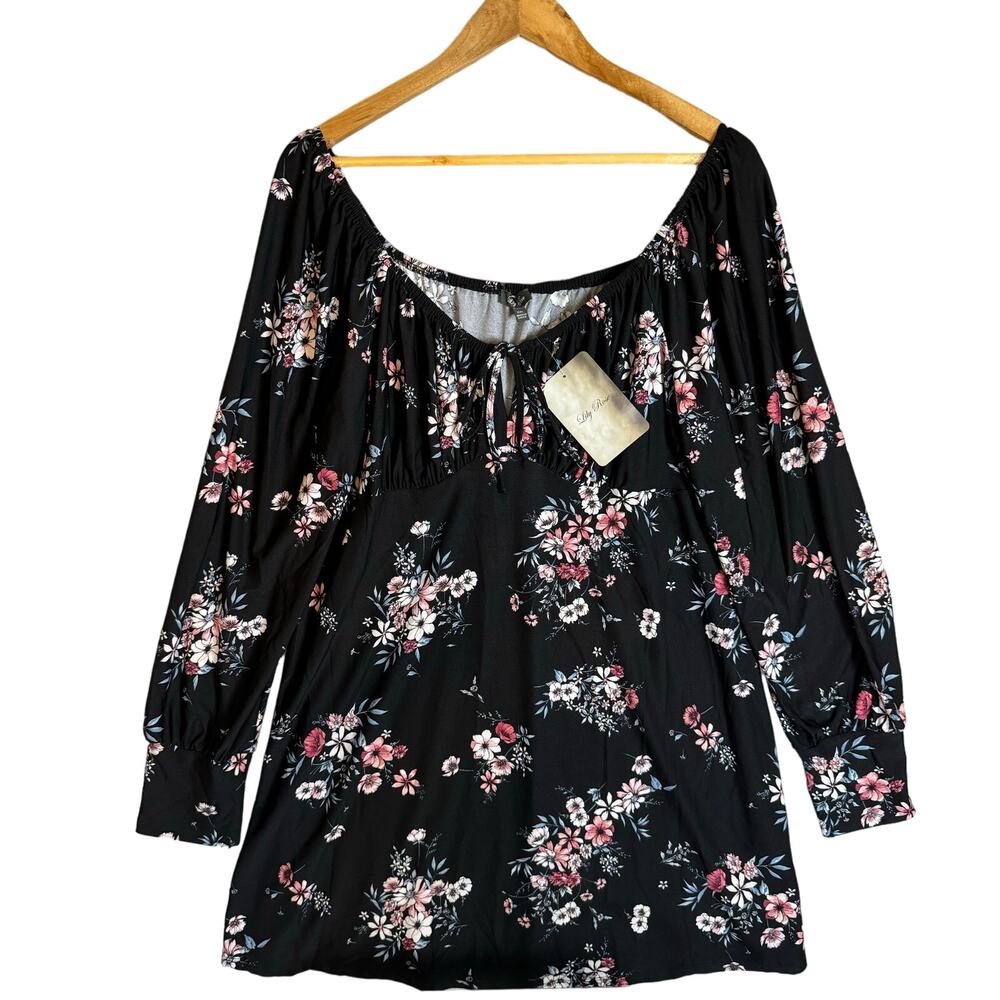 Lily Rose Floral Top Women’s XXL Black Stretch Casual BabyDoll New Long Sleeve